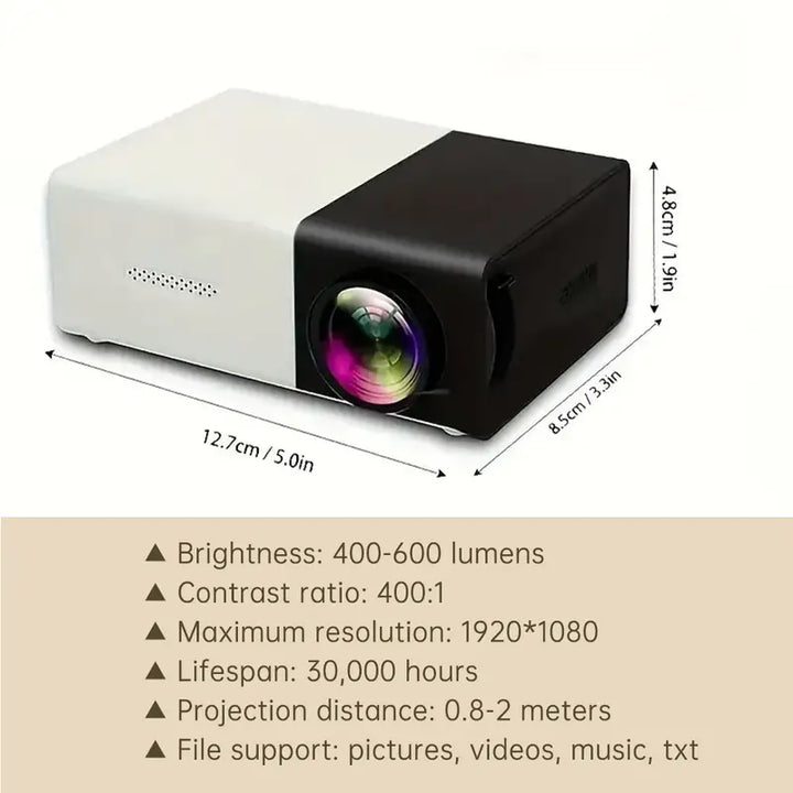 BrightBeam Compact LED Mini Projector – Met Speakers, Draagbaar voor Thuis, Camping & Kantoor, Compatibel met USB/SD/AV/HD