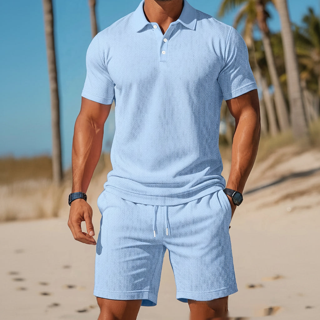 Men's Casual Beach Mesh Lapel Set Summer Comfortable Breathable Loose Solid-Color Sports Short-Sleeved Shirt And Shorts Set