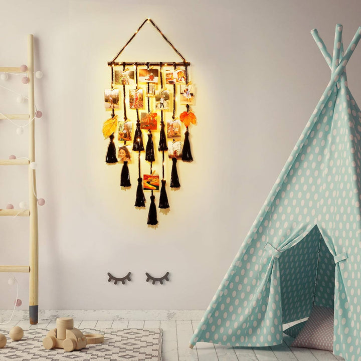 Homecor Macrame Foto Display met 30 Clips | Boho Muurdecoratie met Lichten - Foto Collage Bord voor Kamer & Feestdagen