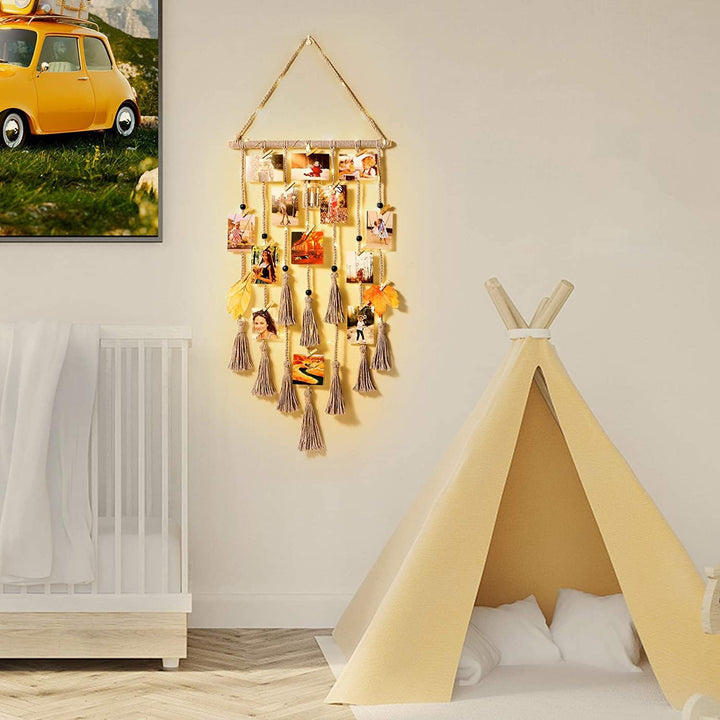 Homecor Macrame Foto Display met 30 Clips | Boho Muurdecoratie met Lichten - Foto Collage Bord voor Kamer & Feestdagen