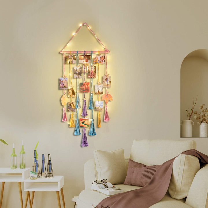 Homecor Macrame Foto Display met 30 Clips | Boho Muurdecoratie met Lichten - Foto Collage Bord voor Kamer & Feestdagen