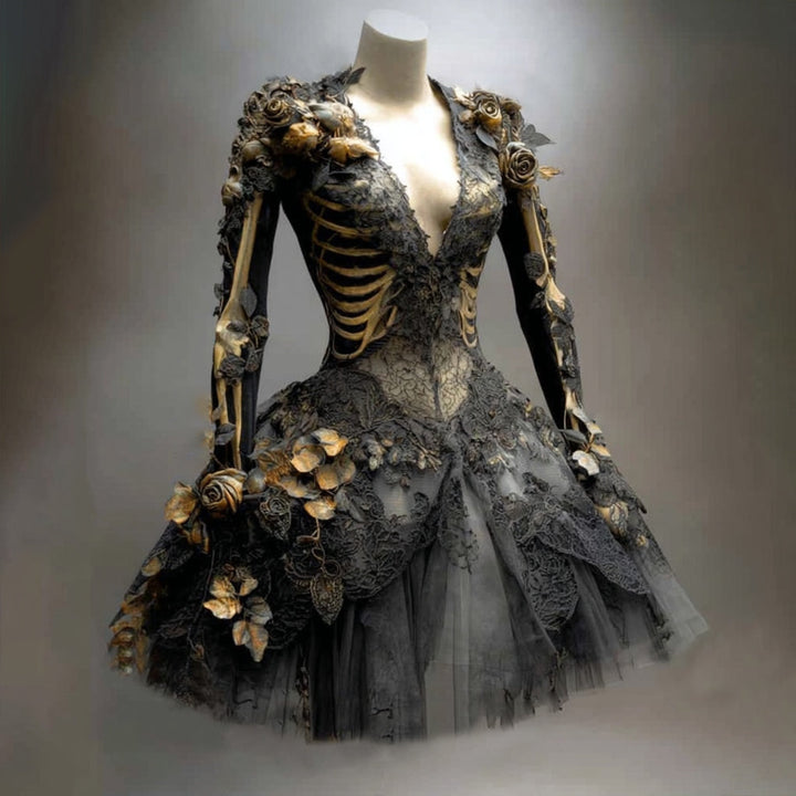 Dames gothic skelet mini-jurk met lange mouwen voor Halloween
