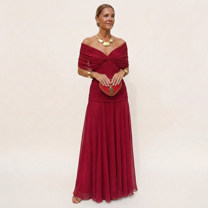 Lange, elegante, vloeiende damesjurk – V-hals, verfijnd ontwerp