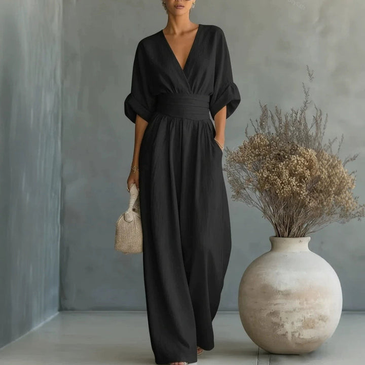Summer Short-sleeved Jumpsuit Fashion Casual V-Neck Wide-Leg Pants Womens Clothing