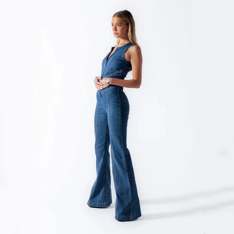Denim jumpsuit met open rug in hartvorm voor dames