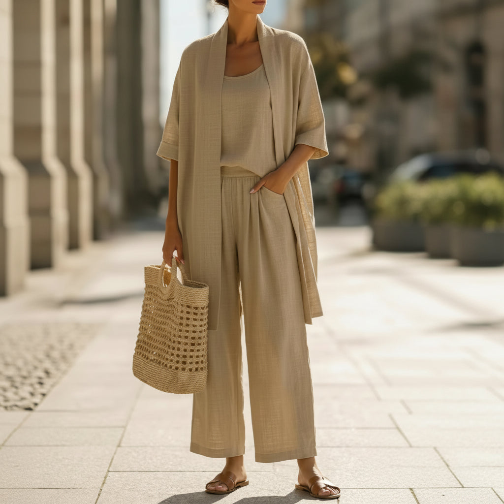 Three-piece Suit Women's Mid-length Cardigan Tank Top And Straight-leg With Pockets Fashion Trousers Set