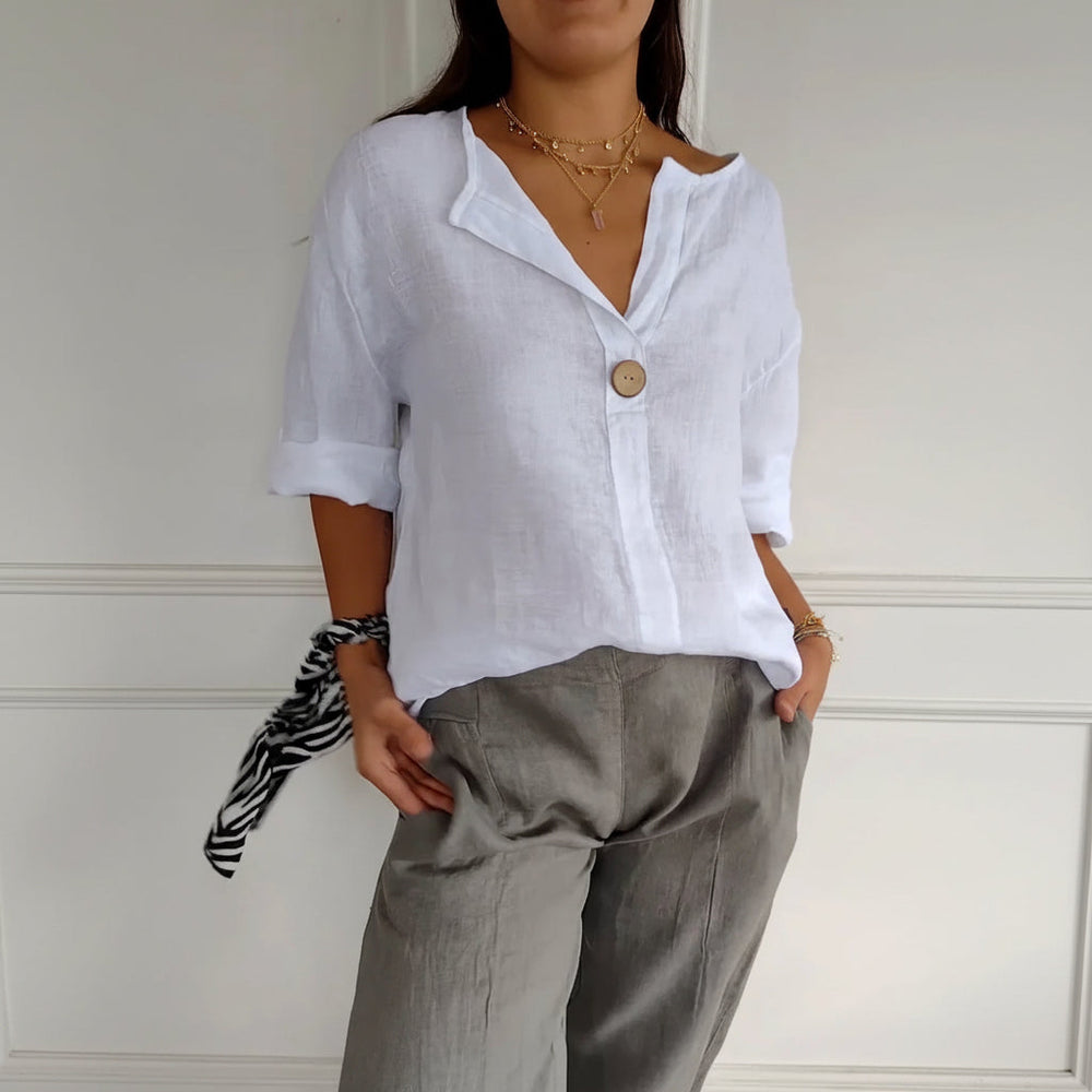 V-neck Long-sleeved T-shirt Fashion Loose Cotton And Linen Button Tops For Women