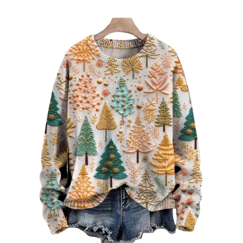 Dames Trui van Brei met Boompatroon en Ronde Halslijn