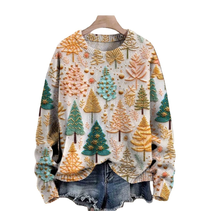 Dames Trui van Brei met Boompatroon en Ronde Halslijn