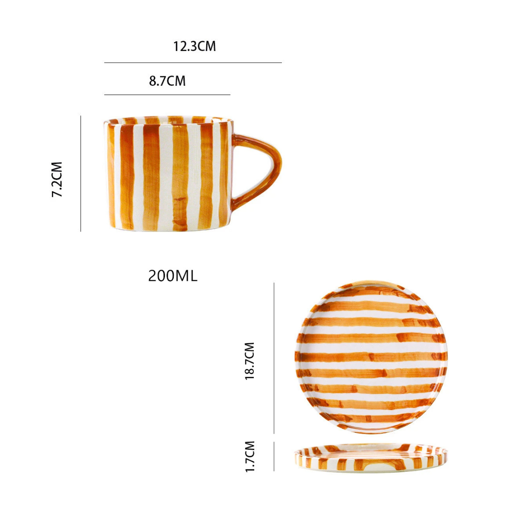 RetroChic Keramische Koffieset | Handbeschilderde Kop en Schotel voor Verfijnde Drinkmomenten