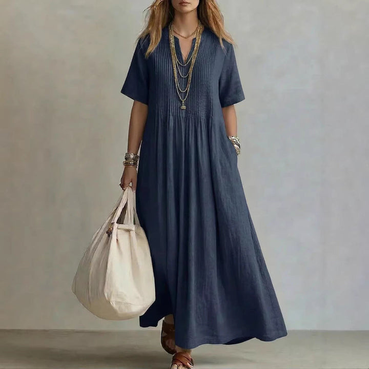 Casual Loose V-Neck Short-Sleeve Pleated Cotton-Linen Dress