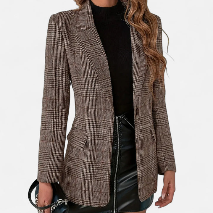 Dames geruite blazer met enkele knoopsluiting, getailleerde pasvorm, bruin