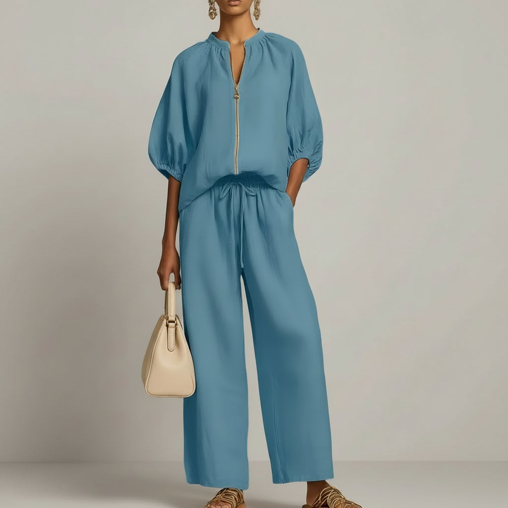 Casual Relaxed-fit Solid-color Zip-up Crew-neck Wide-leg Pants Set