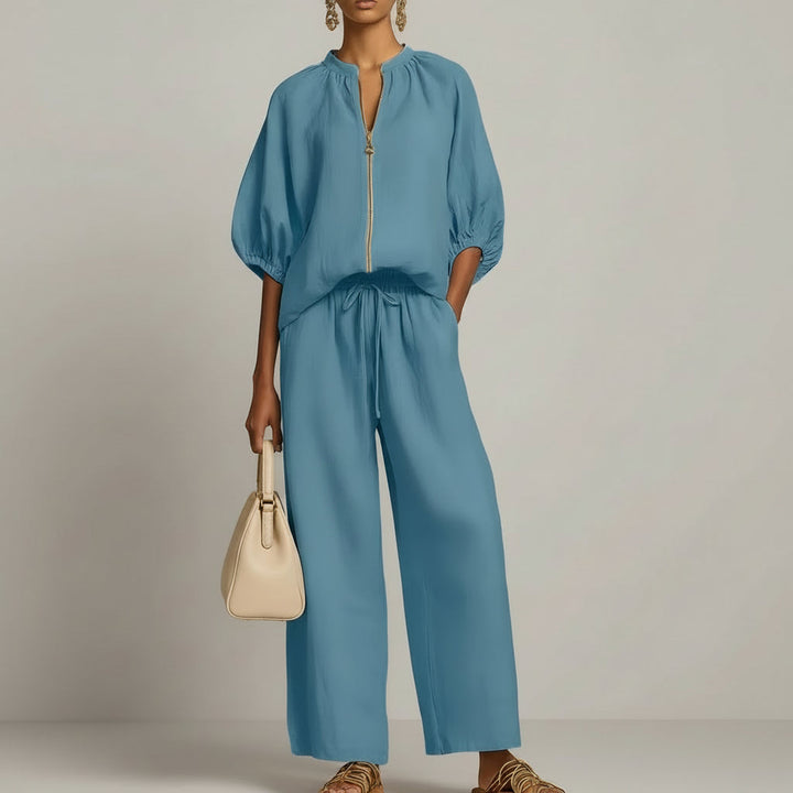 Casual Relaxed-fit Solid-color Zip-up Crew-neck Wide-leg Pants Set
