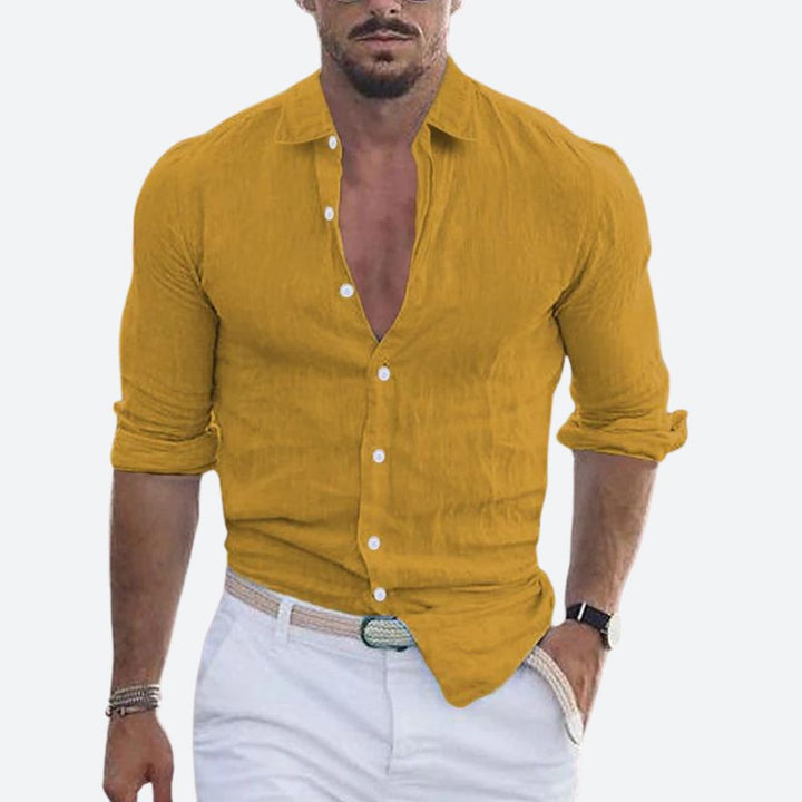 Slim-fit herenoverhemd van linnen, open kraag, zomers overhemd met knoopsluiting