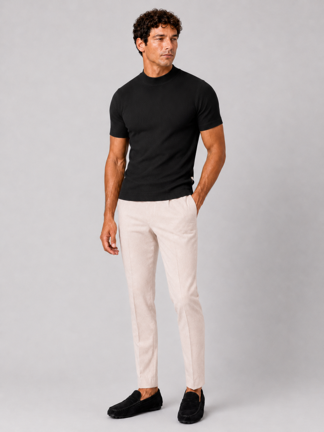 Heren-rib-T-shirt met opstaande kraag – getailleerde stretch top met korte mouwen