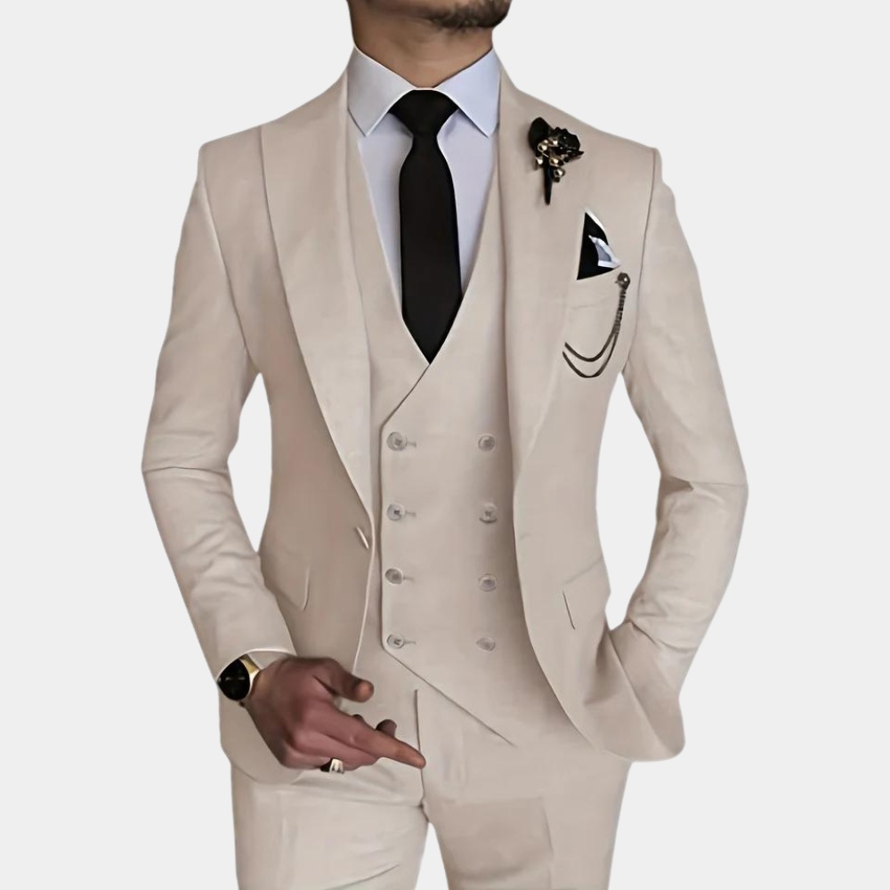 Beige 3-delig herenpak met gilet, pantalon en blazer