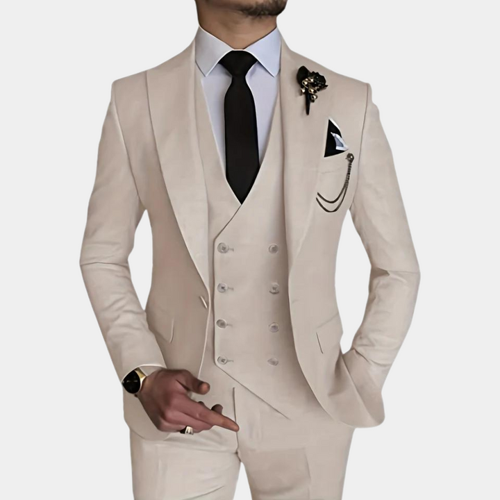 Beige 3-delig herenpak met gilet, pantalon en blazer