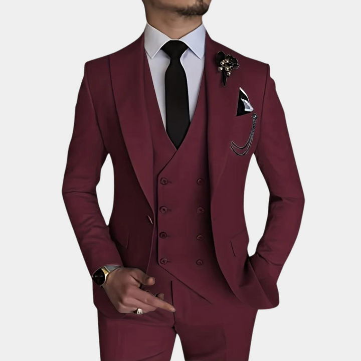 Rood 3-delig herenpak met gilet, pantalon en blazer