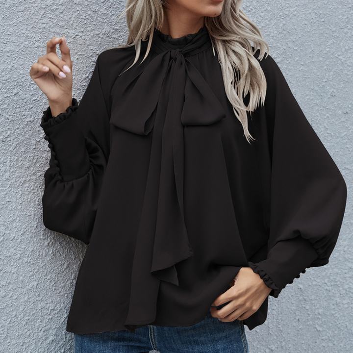 Chiffon blouse met strik en pofmouwen