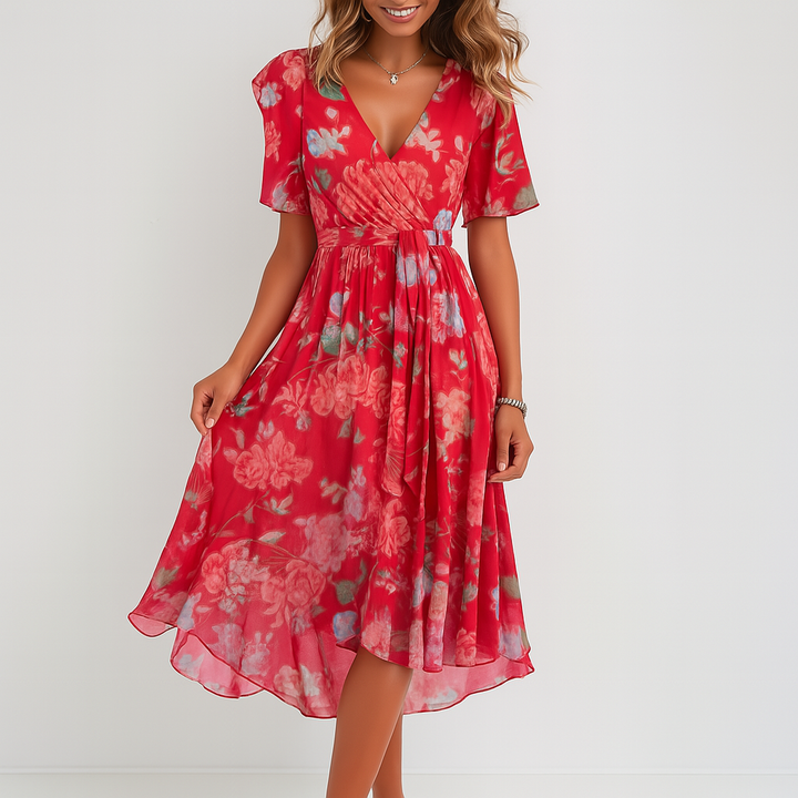 Elegante jurk met diepe V-hals en print