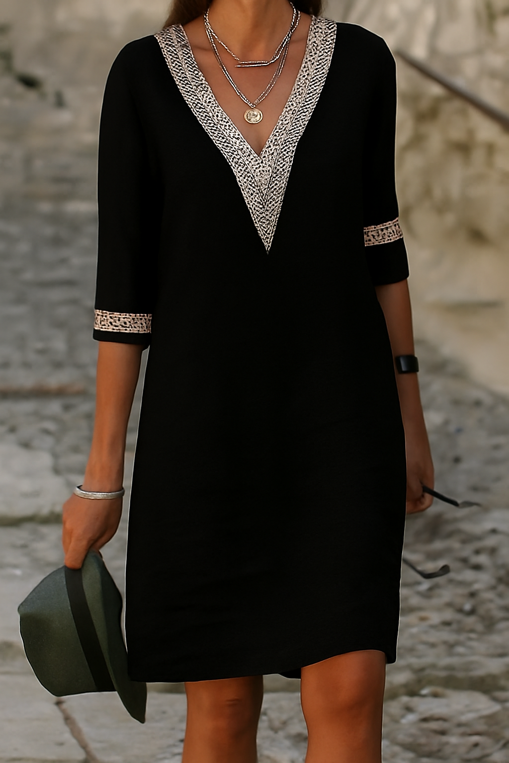 Mini-jurk met V-hals van katoen-linnenmix