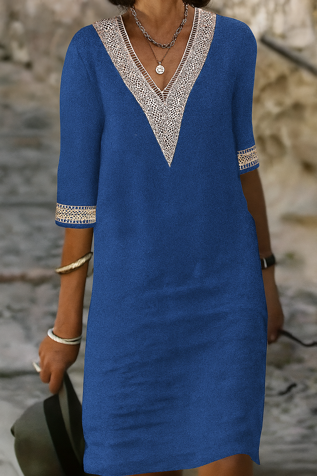 Mini-jurk met V-hals van katoen-linnenmix