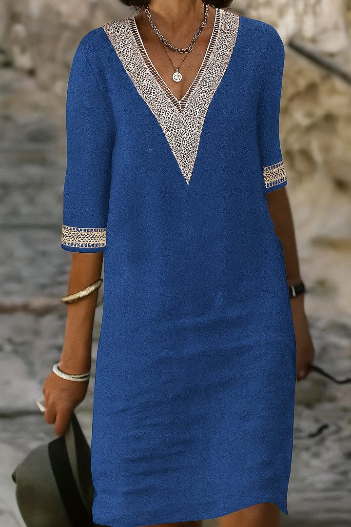 Mini-jurk met V-hals van katoen-linnenmix