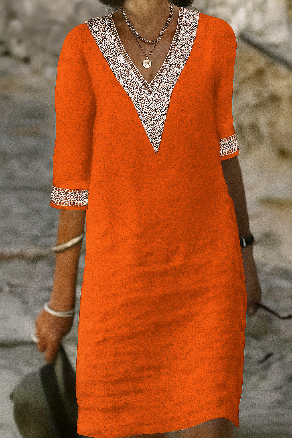 Mini-jurk met V-hals van katoen-linnenmix