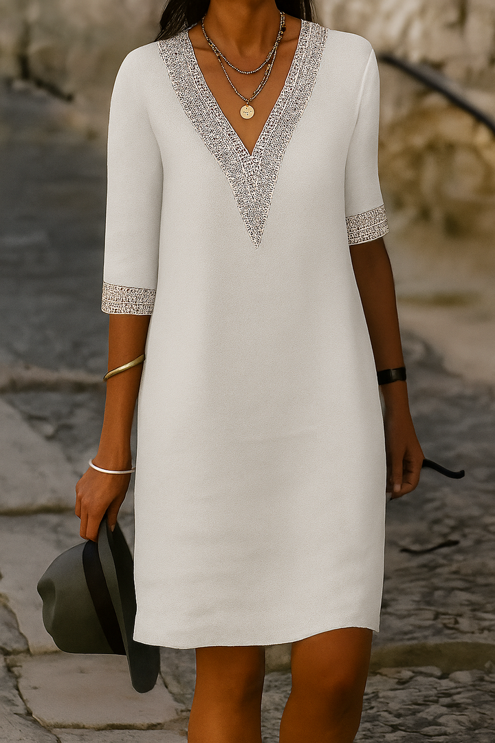 Mini-jurk met V-hals van katoen-linnenmix