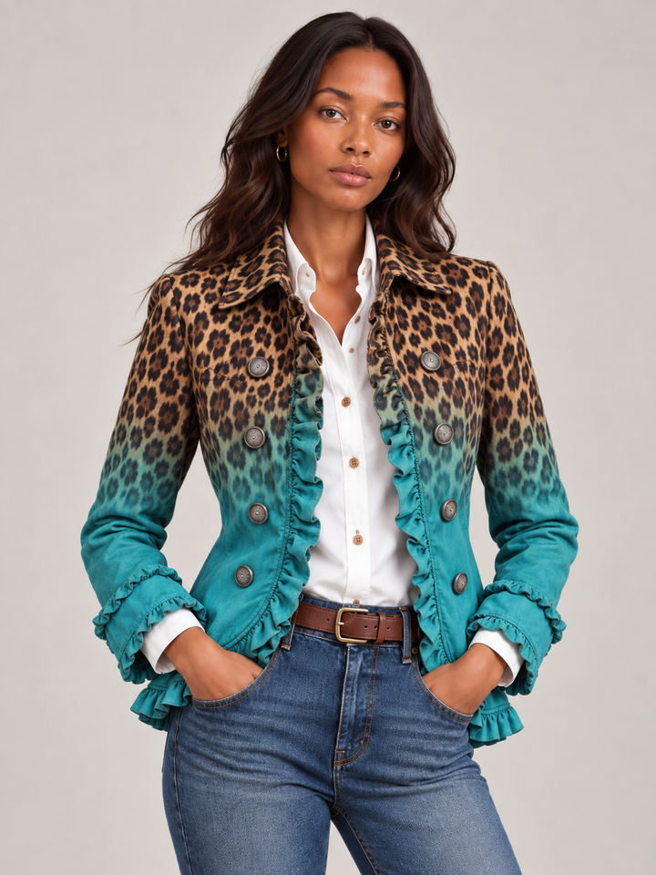 Damesblazer met luipaardprint in kleurverloop en ruches, met dubbele knoopsluiting voor