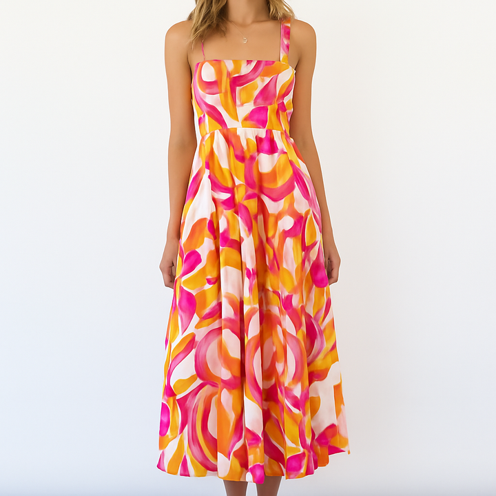 Vloeiende vintage bedrukte spaghettibandjesjurk