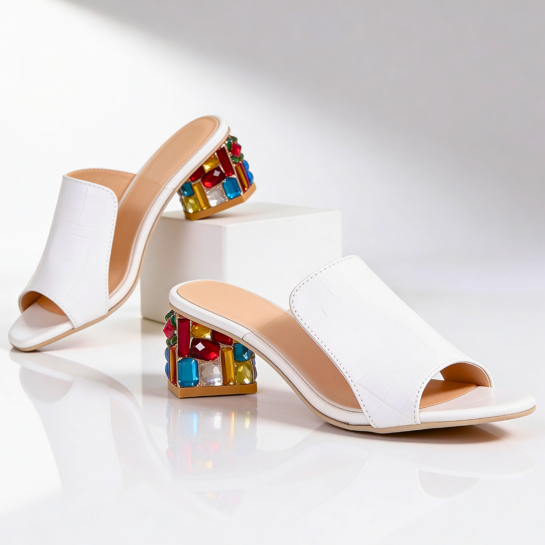 Dames Slippers met Strass Blokhak - Peep-Toe Sandalen
