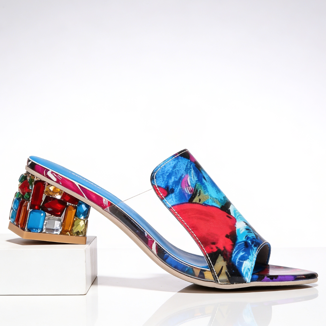 Dames Slippers met Strass Blokhak - Peep-Toe Sandalen