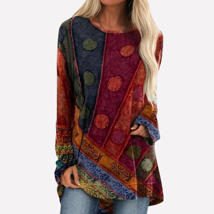 Vrouwen Tuniek met lange Mouwen en Artistiek Patchwork Patroon