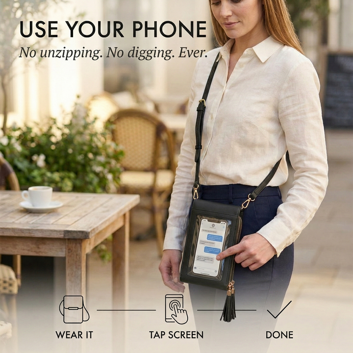 Dames crossbody telefoonportemonnee met touchscreenvenster