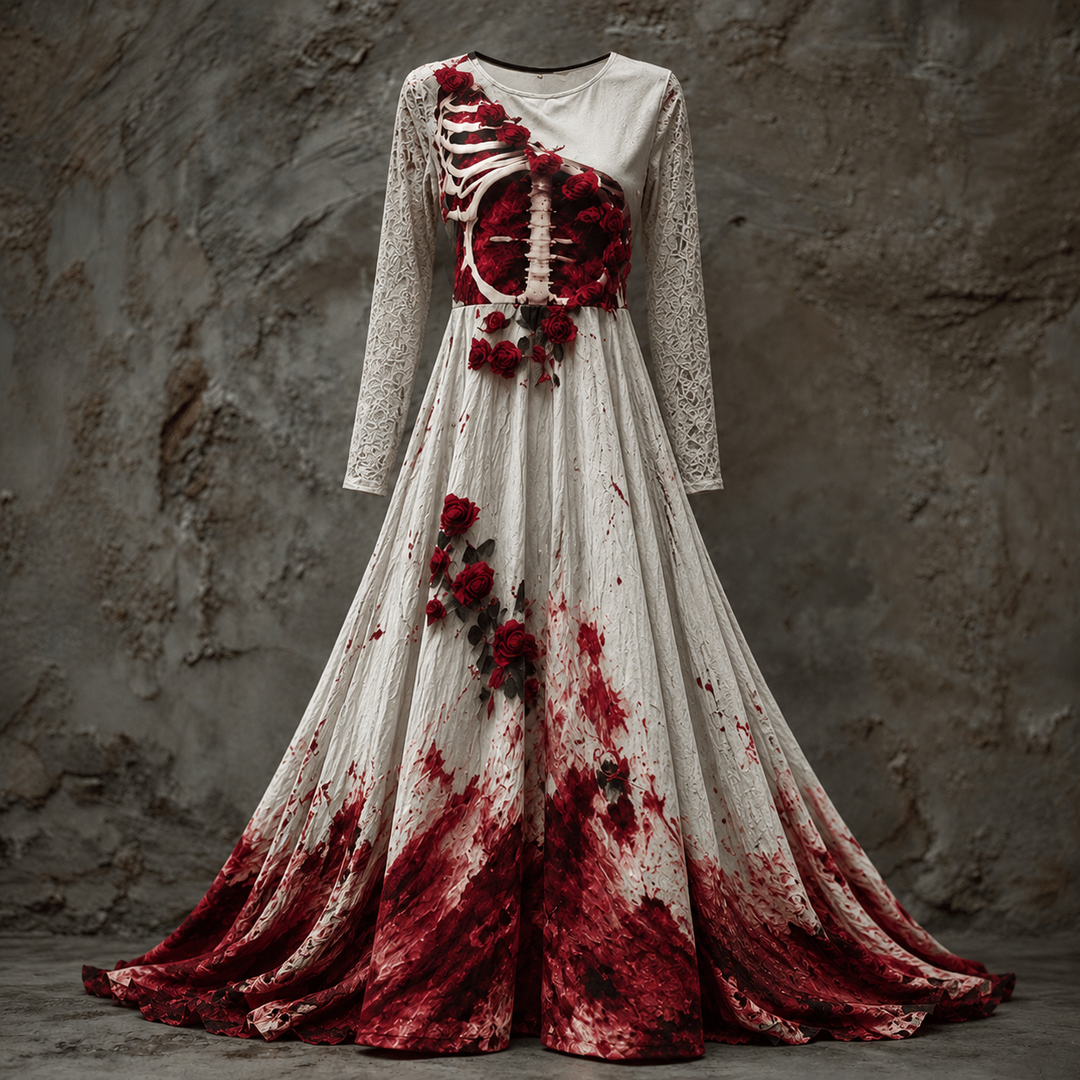 Dames Halloween-jurk met lange mouwen, maxi-lengte met skeletachtig lijfje