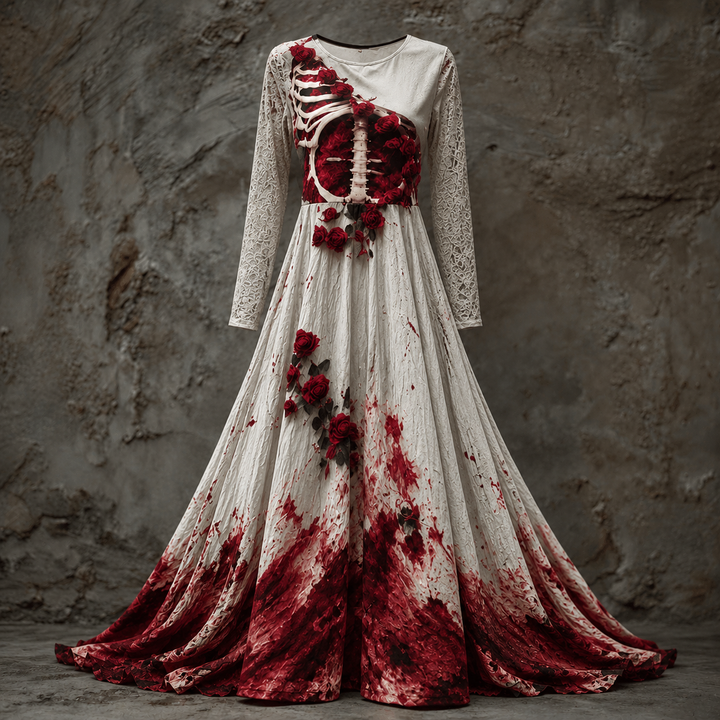 Dames Halloween-jurk met lange mouwen, maxi-lengte met skeletachtig lijfje