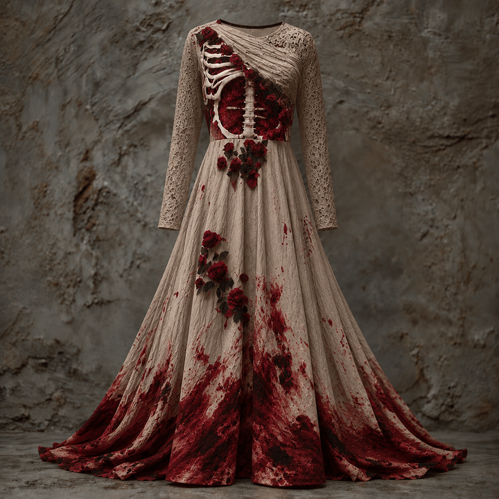 Dames Halloween-jurk met lange mouwen, maxi-lengte met skeletachtig lijfje