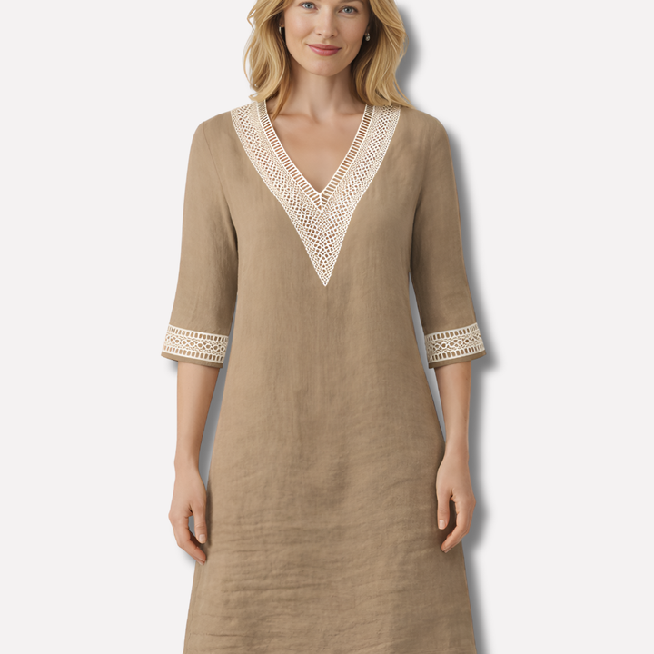 Mini-jurk met V-hals van katoen-linnenmix