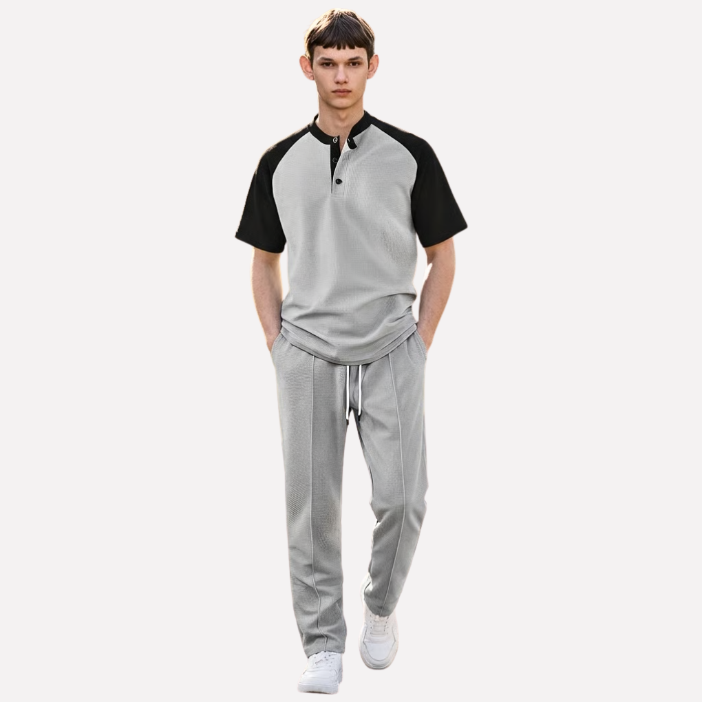 Heren Knopen-Shirt en Wafel Lange Broek Lounge Set