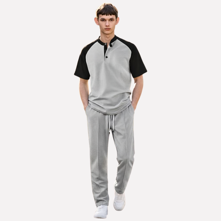 Heren Knopen-Shirt en Wafel Lange Broek Lounge Set