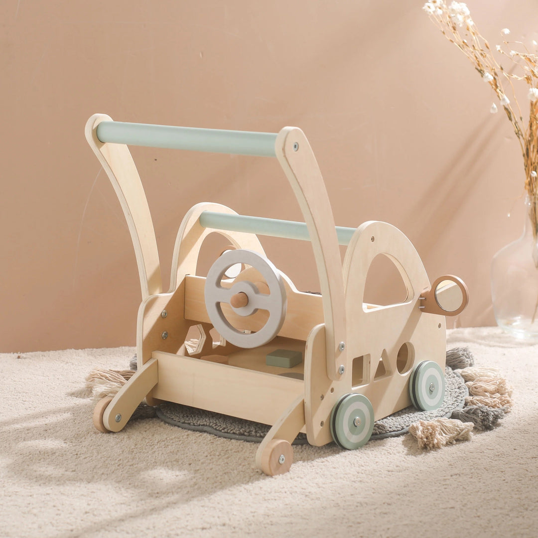 Houten Loopwagen met Montessori Spelelementen en Spiegels