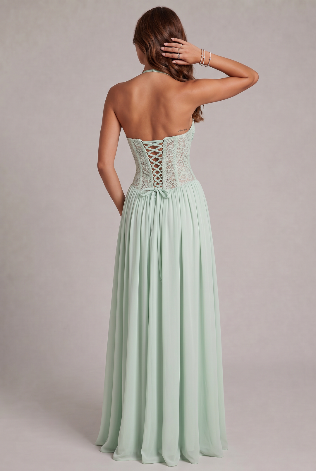 Faye maxi-jurk met korset-bovenstuk van kant