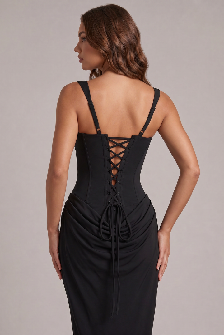 Maxi-jurk met gestructureerd corsetlijfje en vierkante hals