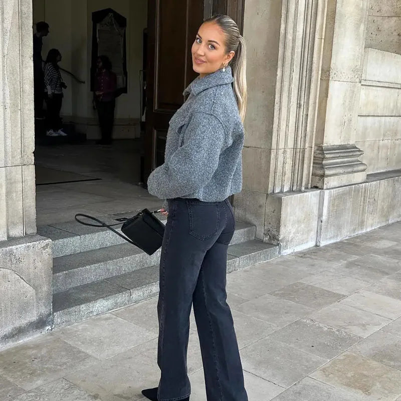 Grijze Wollen Cropped Tweed Jasje Voor Dames Voor De Winter - Linda