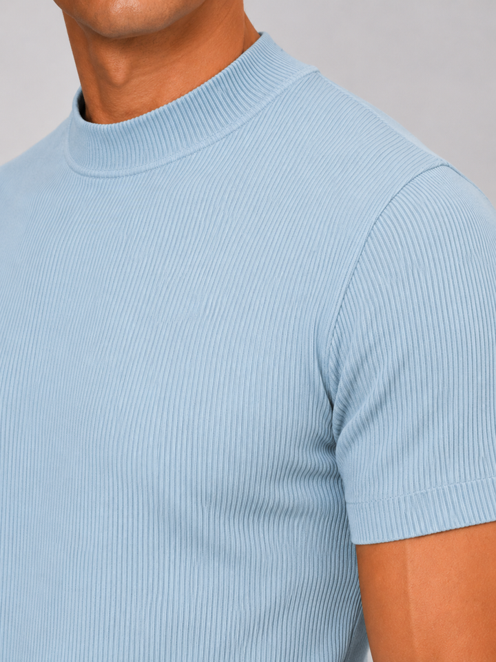 Heren-rib-T-shirt met opstaande kraag – getailleerde stretch top met korte mouwen