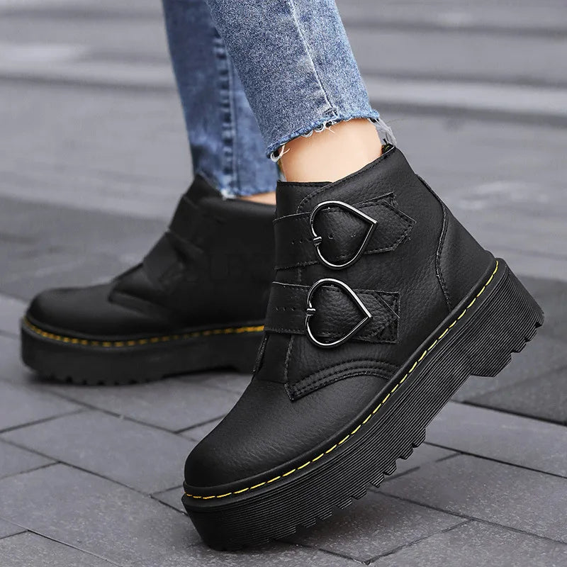 Dames Enkelboots – Leren, Hartvormige Gespen, Casual voor Dagelijks Gebruik