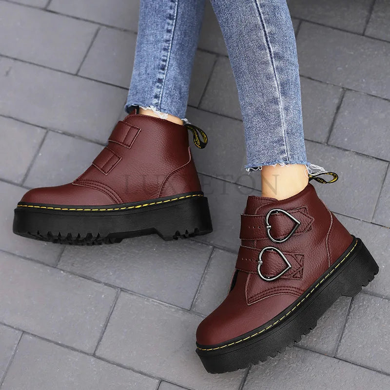 Dames Enkelboots – Leren, Hartvormige Gespen, Casual voor Dagelijks Gebruik