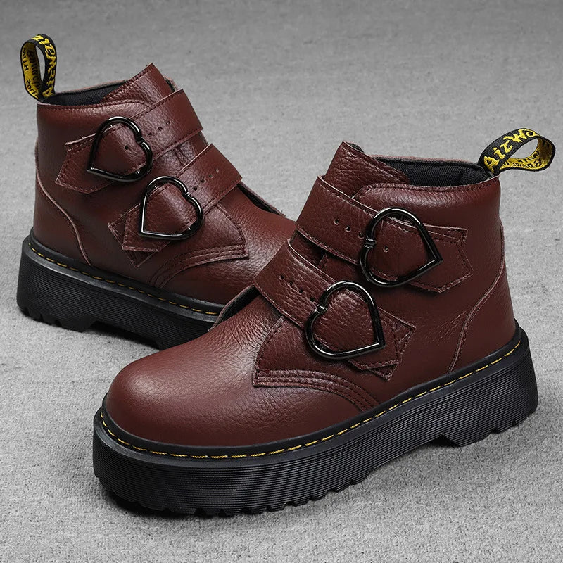 Dames Enkelboots – Leren, Hartvormige Gespen, Casual voor Dagelijks Gebruik